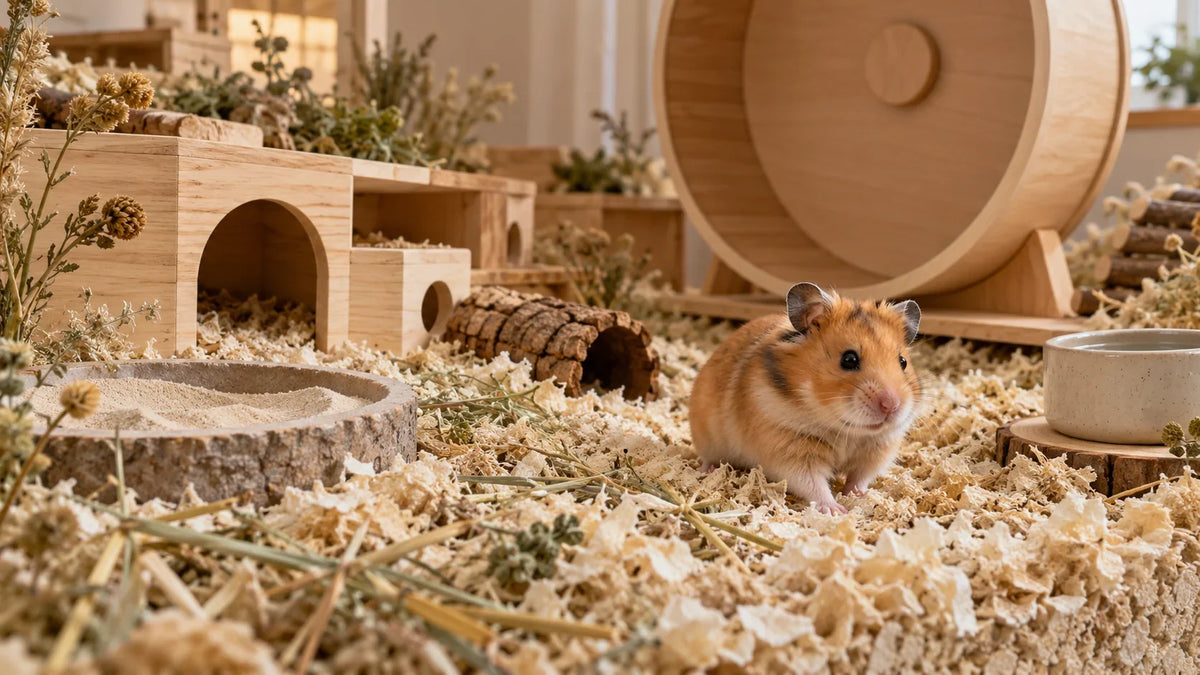 Goldhamster auf Einstreu in einem natürlich eingerichteten Gehege mit Holzhaus, Korktunnel, Sandbad, Wassernapf und grossem Laufrad.