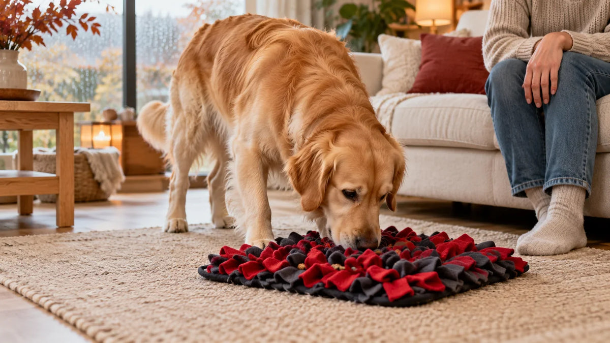 Golden Retriever sucht Futter in einer rot-grauen Schnüffelmatte im Wohnzimmer; eine erwachsene Person sitzt daneben.