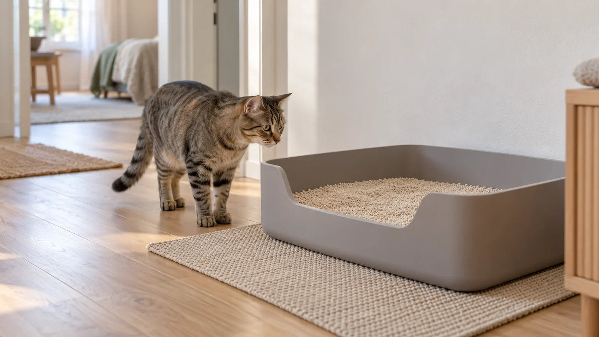 Eine getigerte Katze nähert sich einer grossen offenen Katzentoilette an einem frei zugänglichen Platz im Wohnraum.