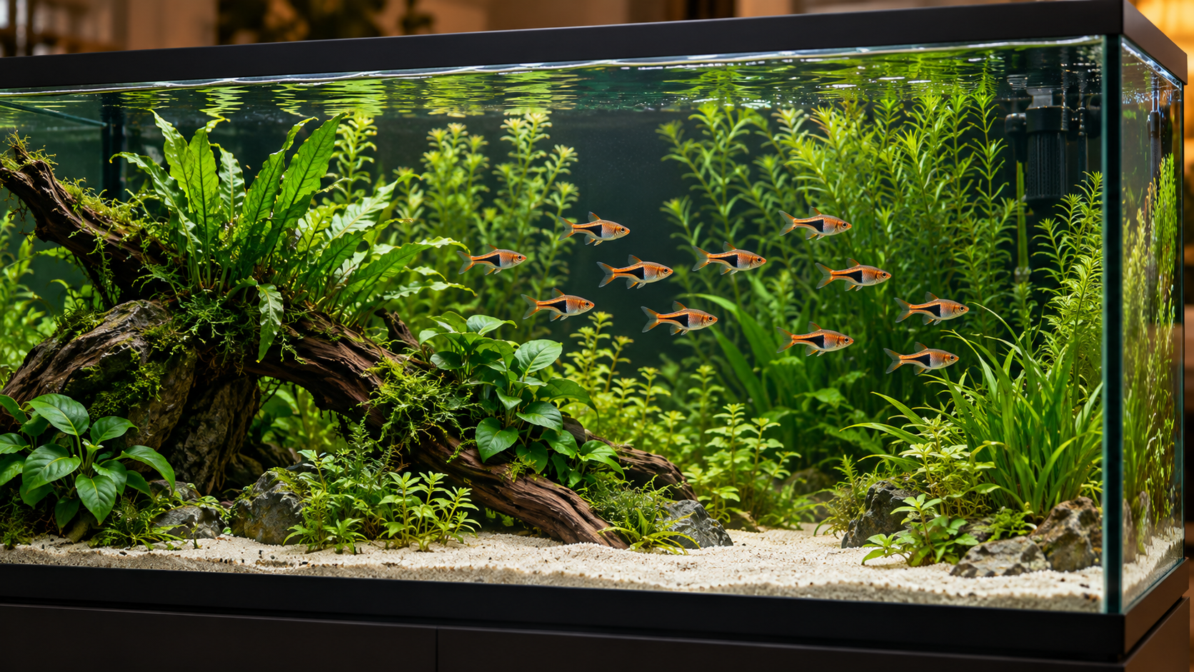 Natürlich eingerichtetes Süsswasseraquarium mit grünen Wasserpflanzen, Wurzeln, hellem Sand und Keilfleckbärblingen