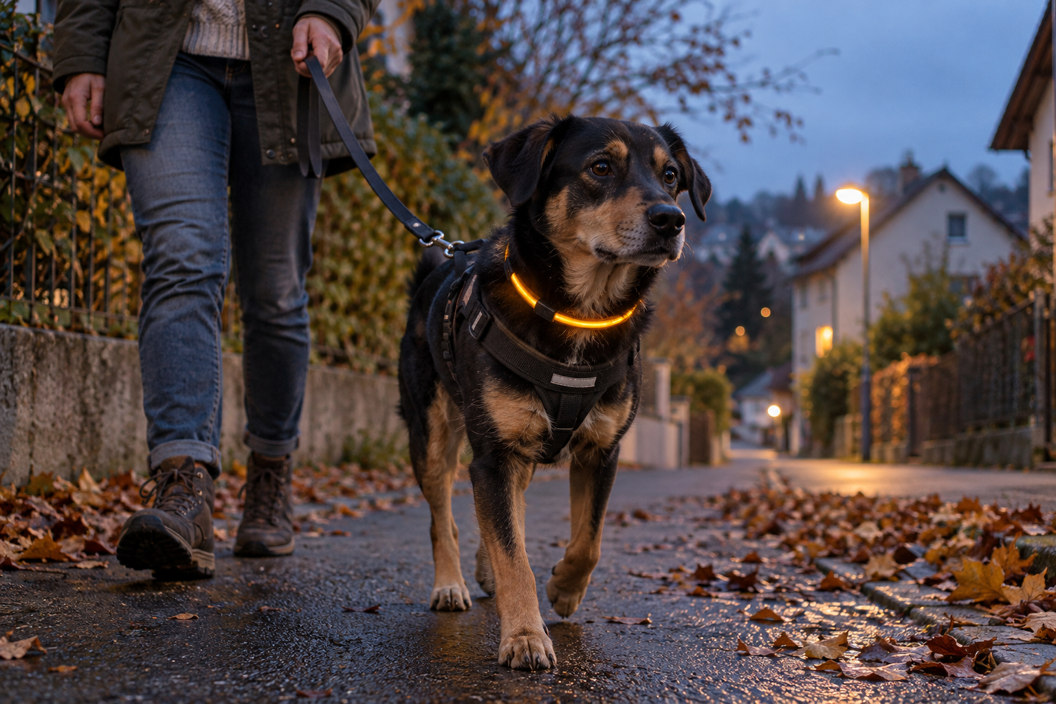 Hund mit leuchtendem Halsring und Geschirr an der Leine auf einem Weg in der Dämmerung