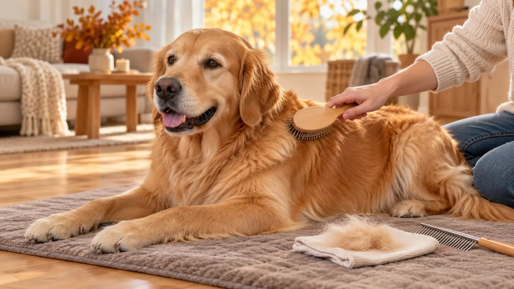 Ein entspannter Golden Retriever wird zu Hause gebürstet; im Hintergrund sind herbstliche Blätter zu sehen.