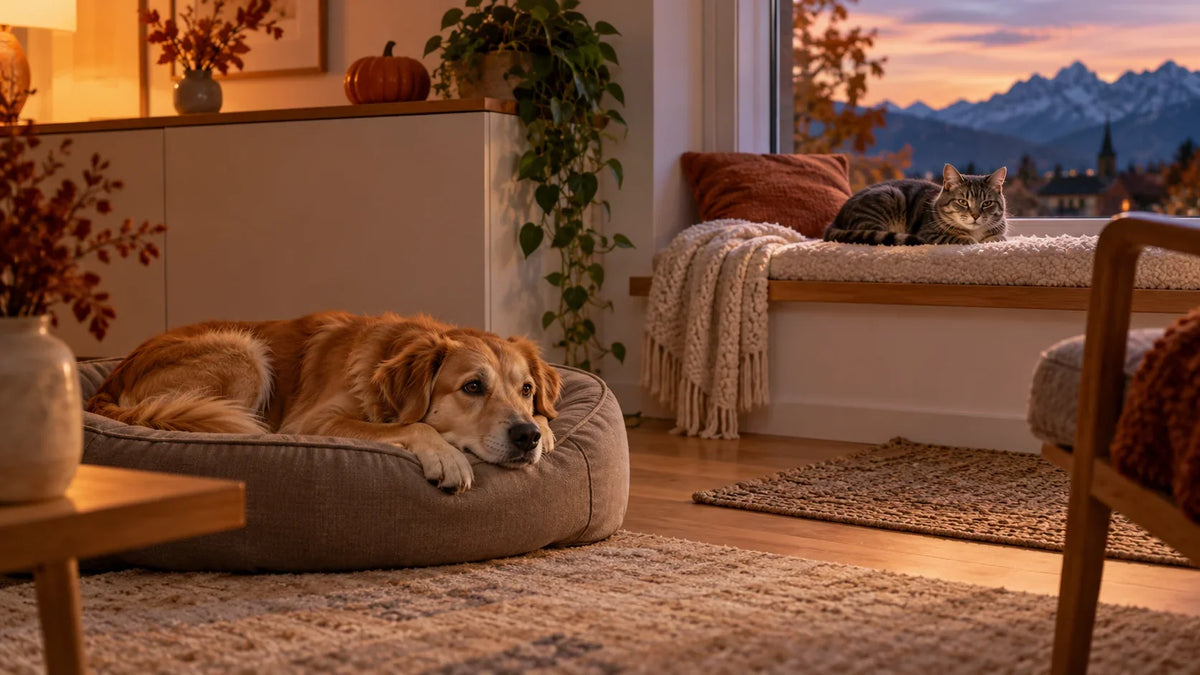 Ein Hund ruht in seinem Bett, eine Katze liegt mit Abstand auf einer Fensterbank; eine dezente Kürbisdekoration steht im Hintergrund.