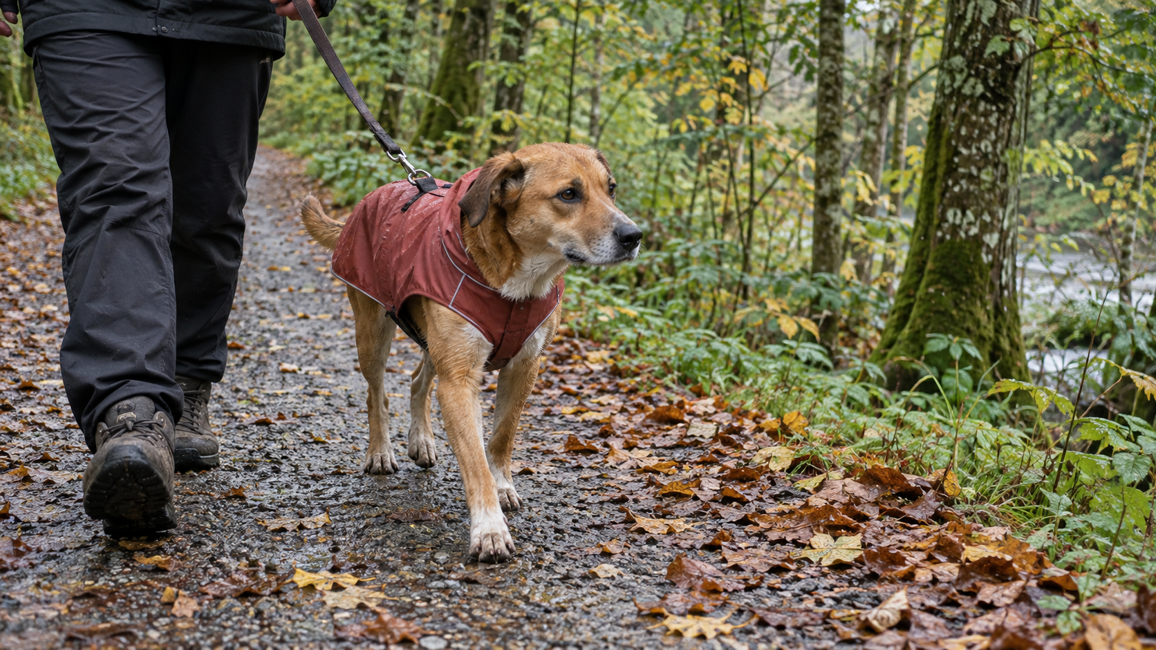 Hund mit rotem Regenmantel an der Leine auf einem feuchten, laubbedeckten Waldweg im Herbst.
