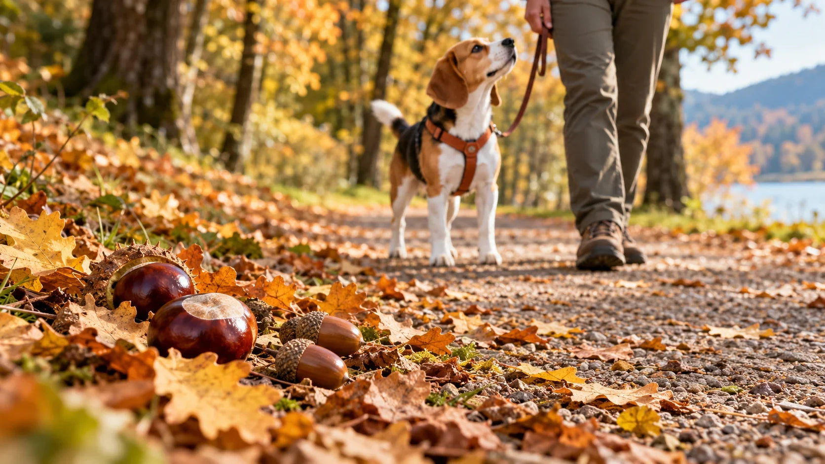 Ein angeleinter Beagle schaut zu seiner Bezugsperson; Rosskastanien und Eicheln liegen abseits auf dem herbstlichen Weg.