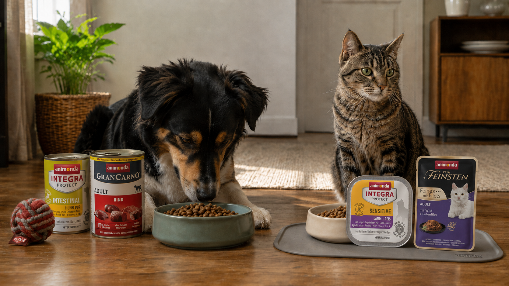 Hund und Katze mit Animonda Futter, VET-Diäten und TRIXIE Zubehör