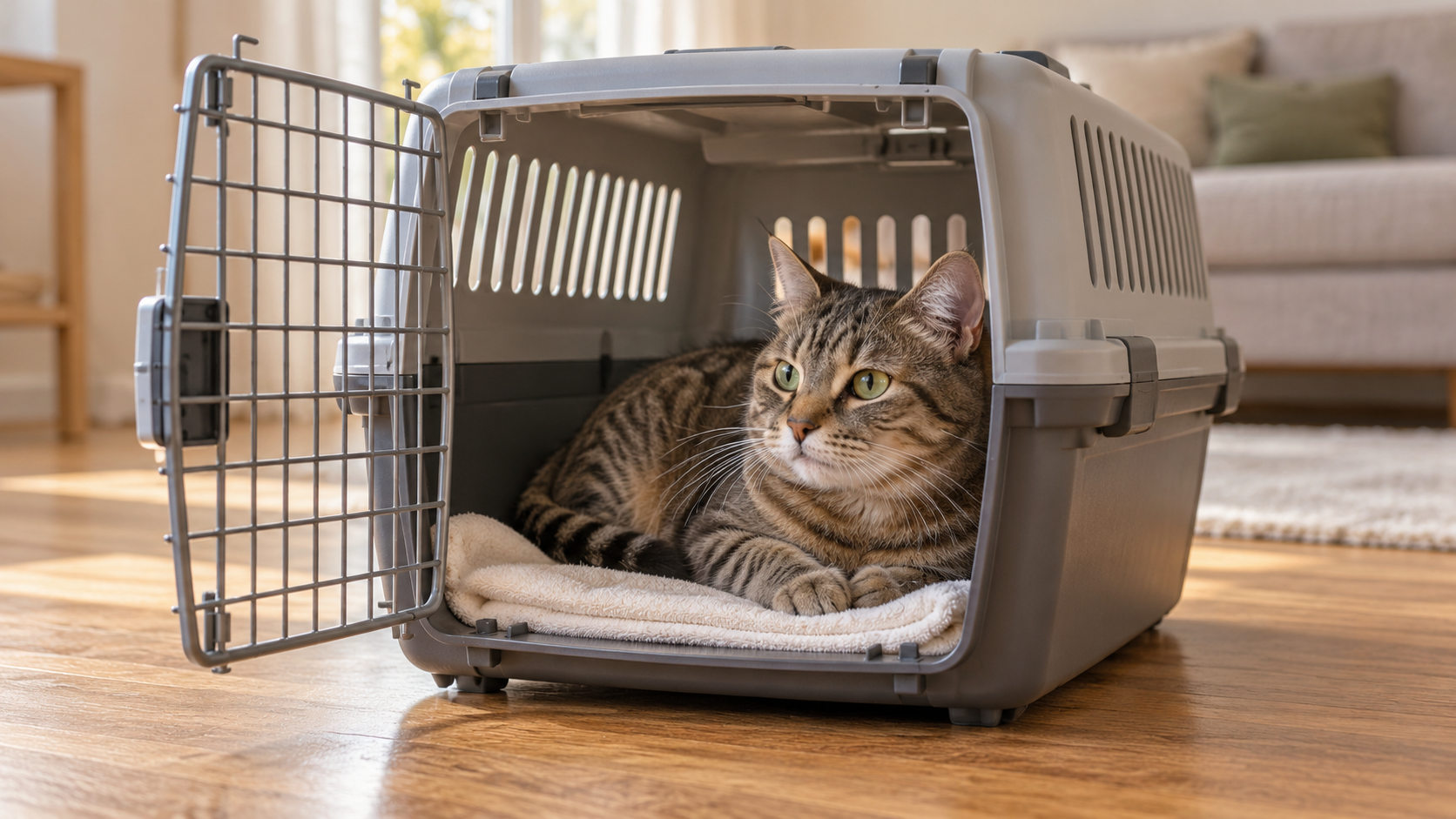 Getigerte Katze liegt auf einem hellen Handtuch in einer geöffneten grauen Transportbox im Wohnzimmer.