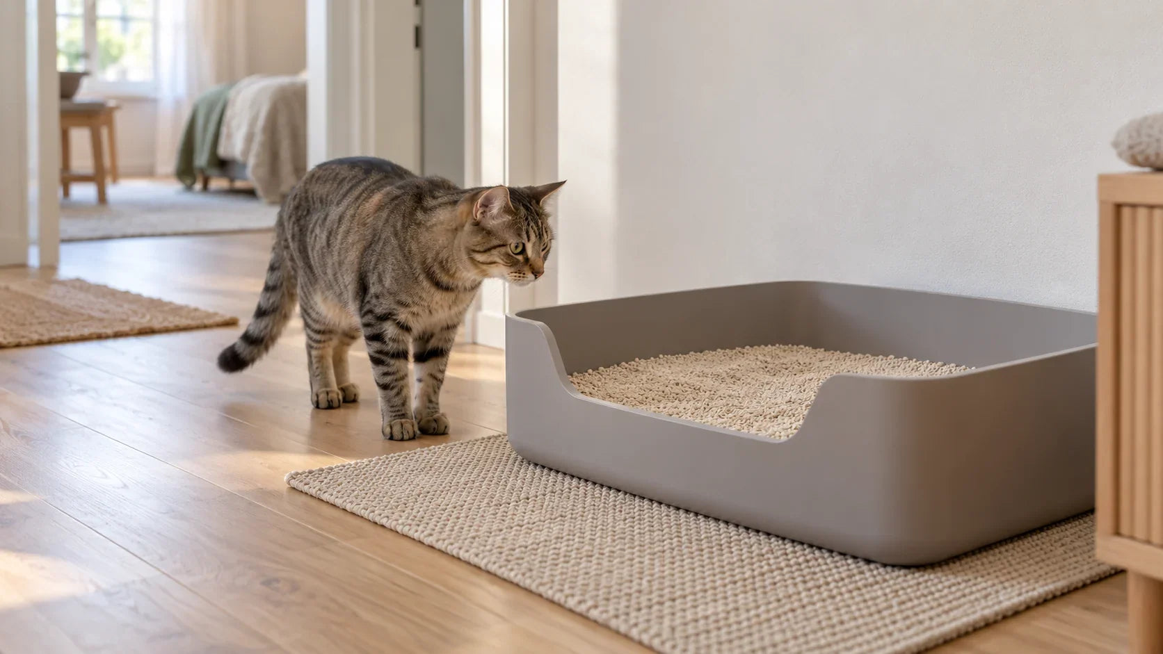 Eine getigerte Katze nähert sich einer grossen offenen Katzentoilette an einem frei zugänglichen Platz im Wohnraum.