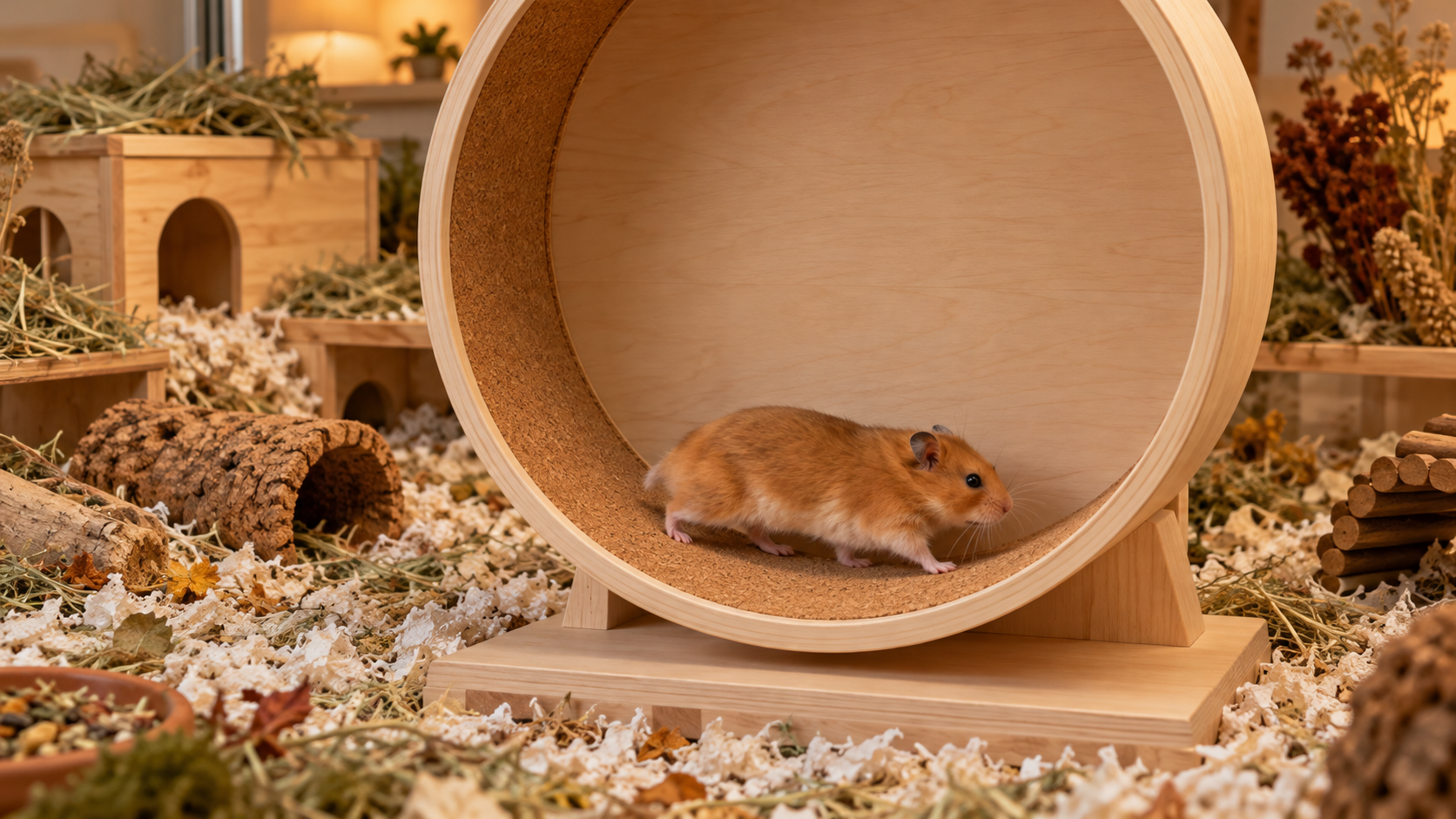 Goldhamster in einem grossen aufrechten Holzlaufrad mit geschlossener Kork-Lauffläche in einem eingerichteten Gehege.
