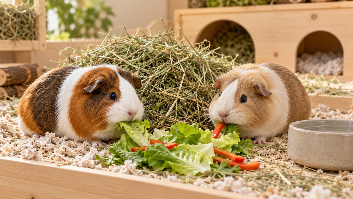 Zwei Meerschweinchen fressen Lattich und Peperoni neben einem grossen Heuhaufen und einem Wassernapf.