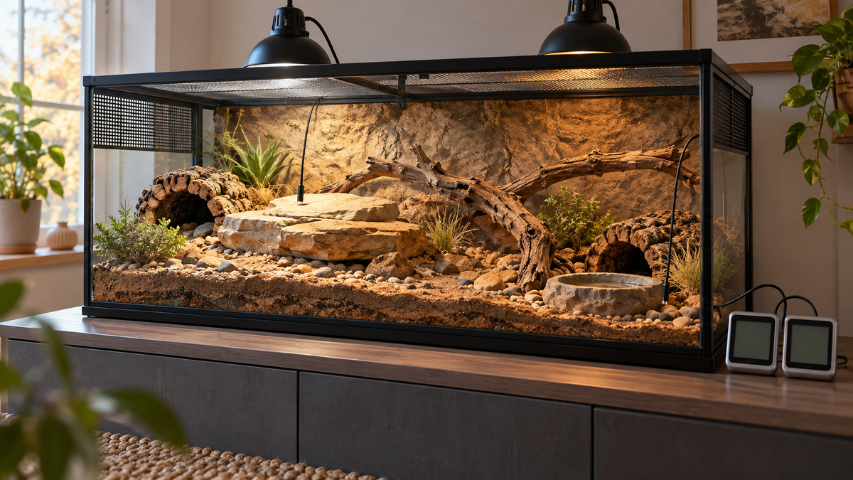 Eingerichtetes Terrarium ohne Tiere mit Rückzugsorten, Temperaturfühlern und zwei digitalen Anzeigen neben dem Gehege.