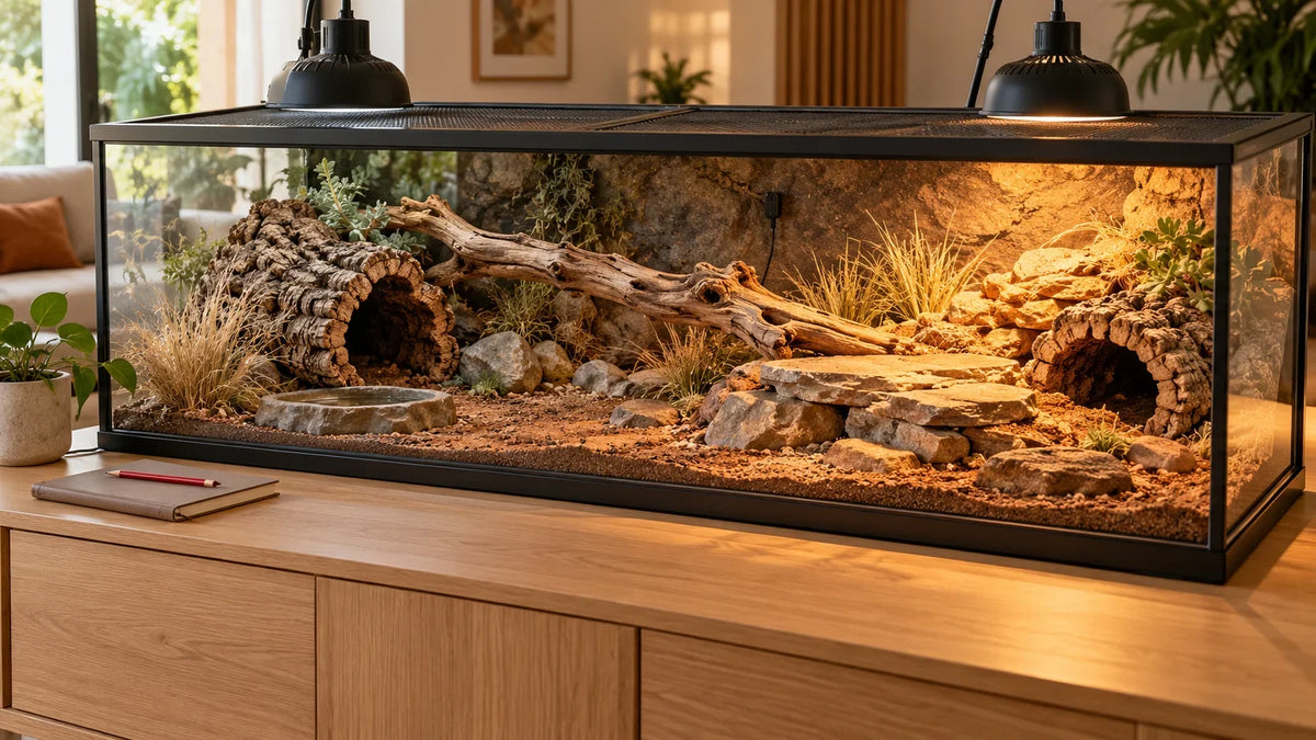 Eingerichtetes Terrarium mit Korkhöhlen, Ast, Steinplateau, Wasserschale und Beleuchtung auf einem Holzunterschrank.