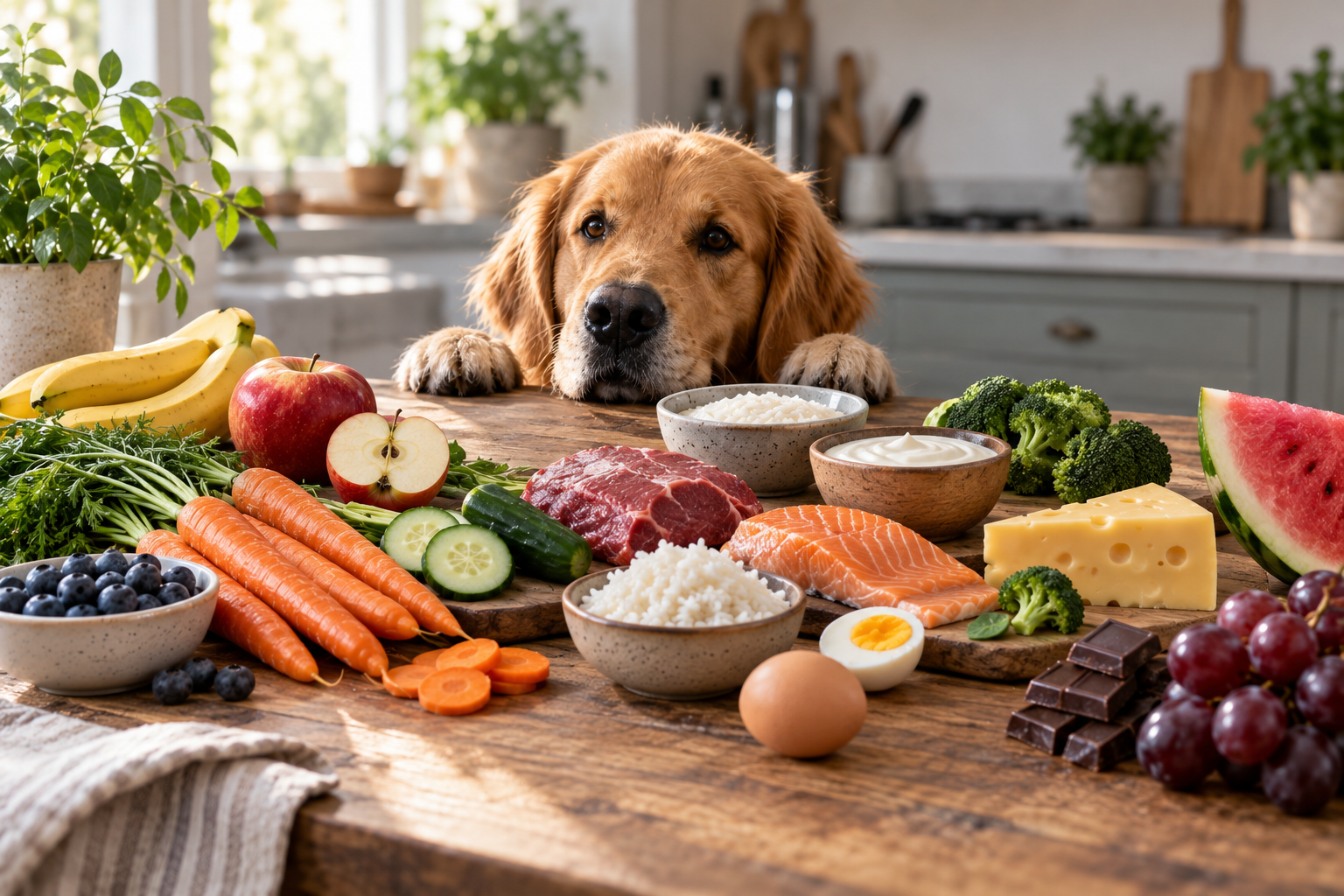 Hund vor verschiedenen Lebensmitteln – was dürfen Hunde essen