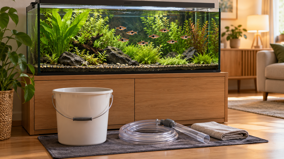 Bepflanztes Süsswasseraquarium mit einem kleinen Fischschwarm; davor stehen Eimer, Schlauch und Tuch für die Pflege bereit.