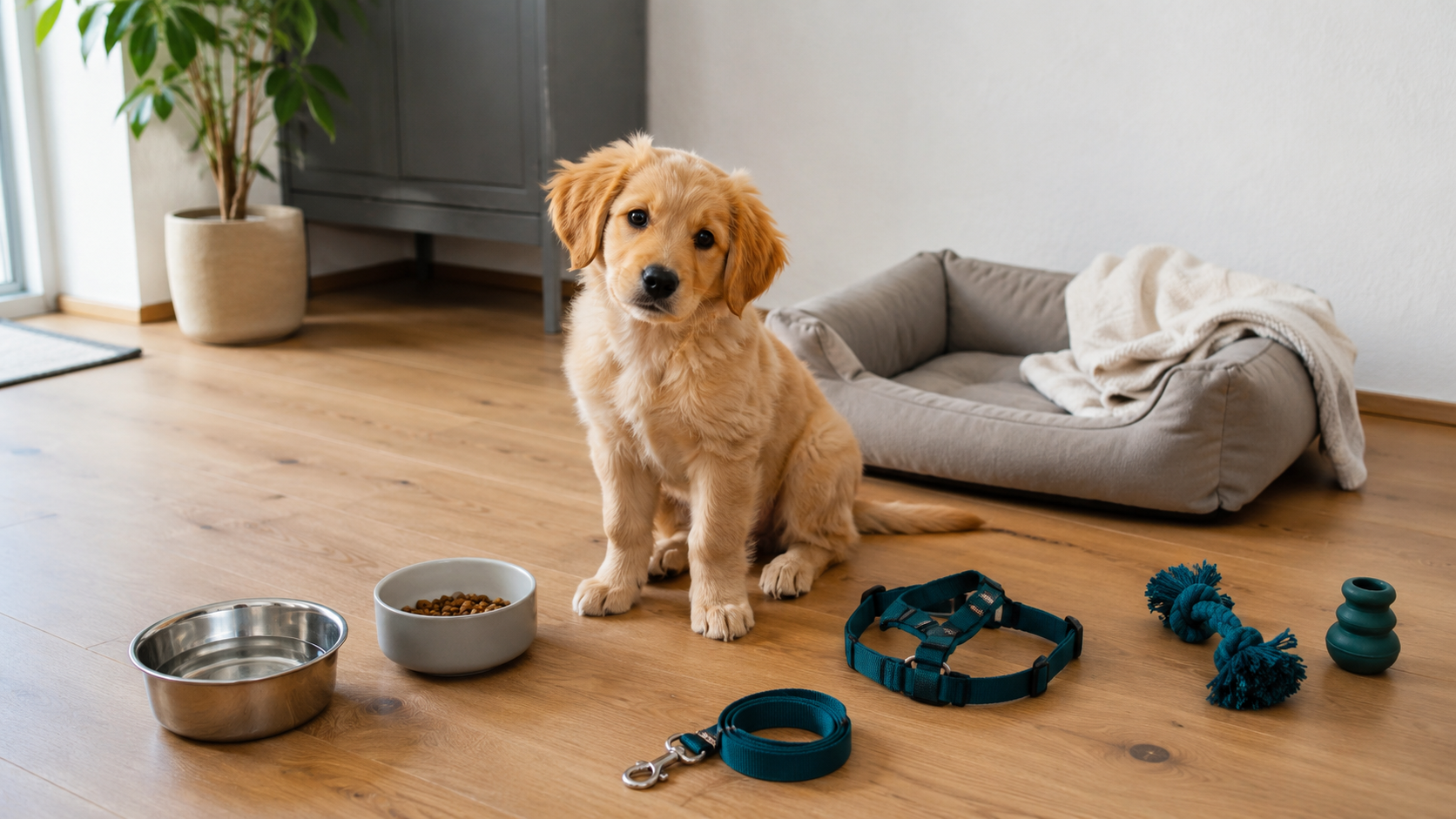 Welpe mit Hundebett, Näpfen, Geschirr, Leine und Spielzeug als Erstausstattung