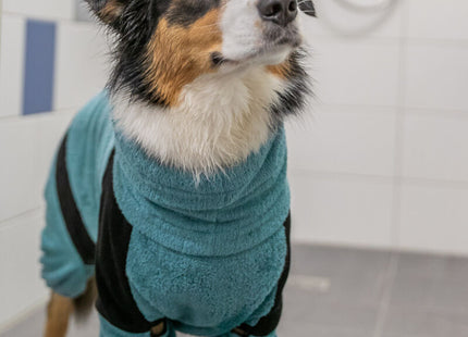 Gemütlicher Frottee-Hausoverall für Hunde in Petrol, ideal für Badezeit und Zuhause