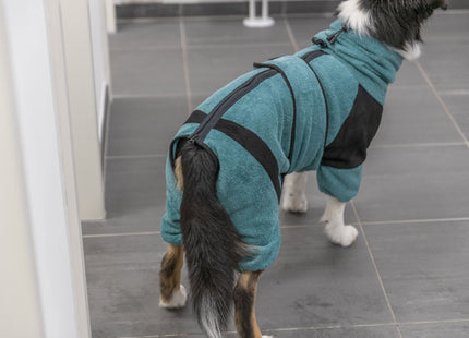 Gemütlicher Frottee-Hausoverall für Hunde in Petrol, ideal für Badezeit und Zuhause