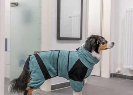 Gemütlicher Frottee-Hausoverall für Hunde in Petrol, ideal für Badezeit und Zuhause