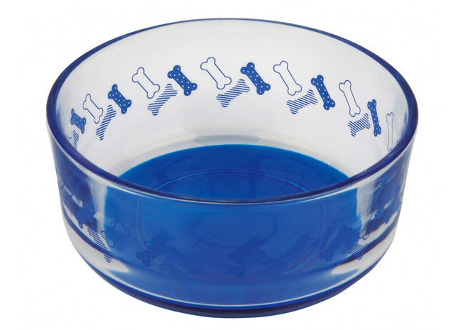 Blauer Glasnapf mit Knochenmotiv für Haustiere