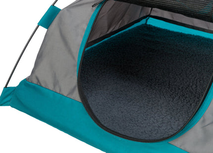 Gemütliches Zelt für Hunde in Dunkelgrau-Petrol, ideal für entspannte Ruhepausen