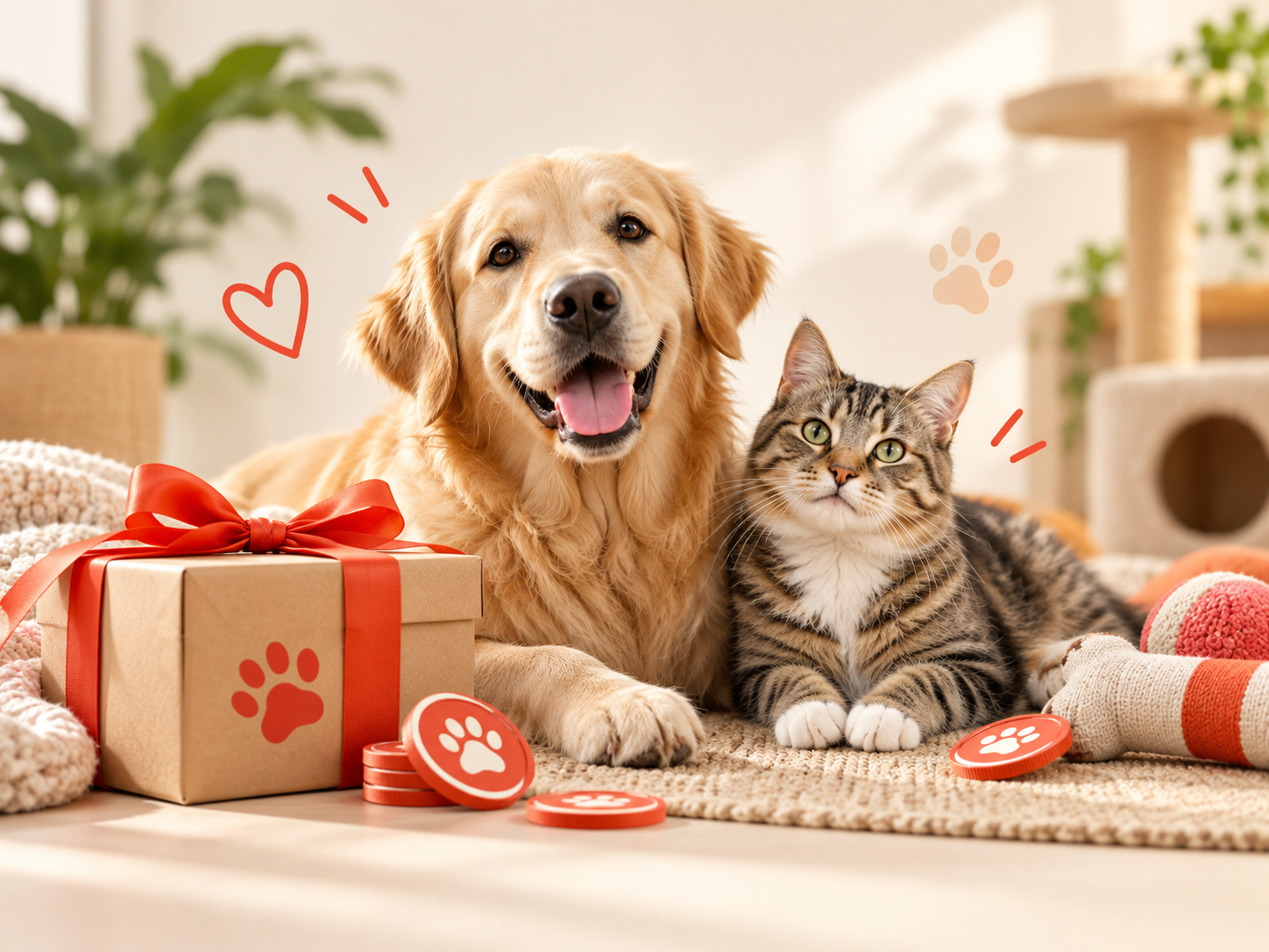 Goldener Retriever und Katze neben Geschenkbox und Pfotenmünzen als Symbol für das Purrfect Pets Bonusprogramm