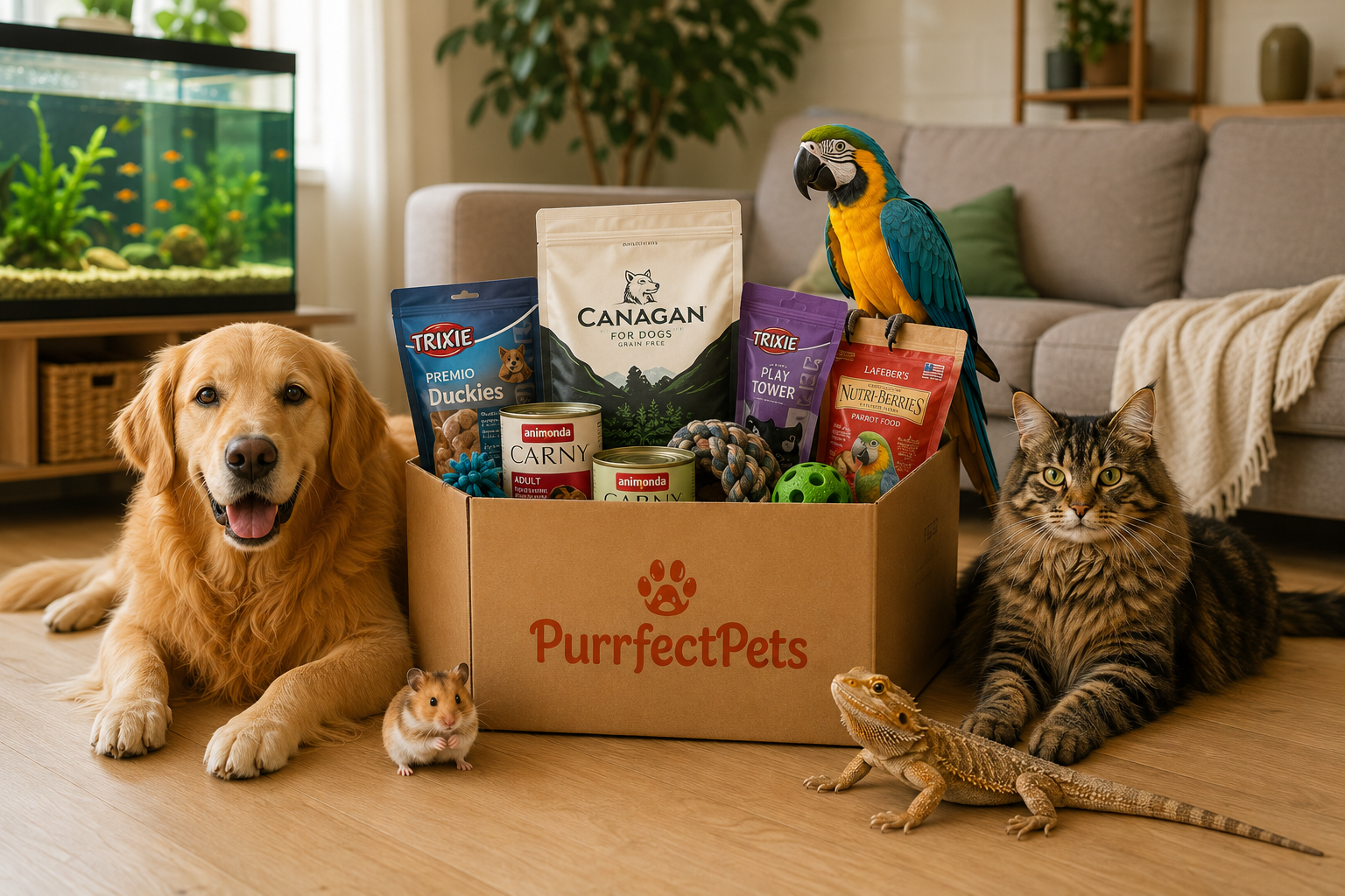 Purrfect Pets Futter-Abo Box mit Hund, Katze, Papagei, Hamster und Reptil