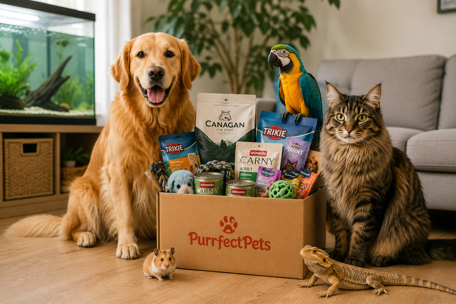 Purrfect Pets Futter-Abo Box mit Hund, Katze, Papagei, Hamster und Reptil