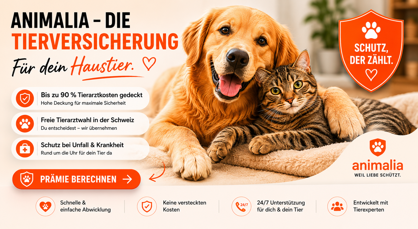 Animalia Tierversicherung Schweiz für Hunde und Katzen – Schutz bei Unfall und Krankheit mit freier Tierarztwahl