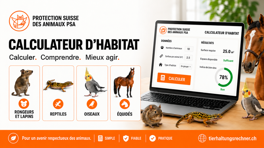 Calculateur d’habitat en Suisse pour petits animaux, lapins, reptiles, oiseaux et équidés selon les directives de la PSA