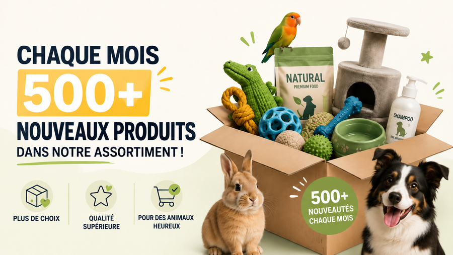Plus de 500 nouveaux produits chaque mois – articles pour chiens, chats, rongeurs, oiseaux, poissons et reptiles chez Purrfect Pets