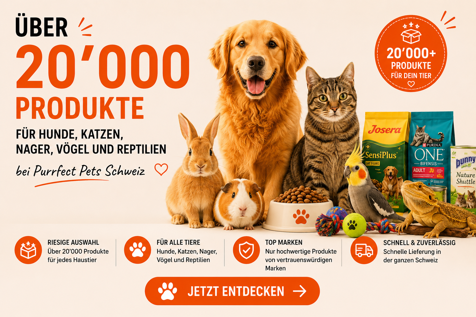 Tierbedarf Schweiz online kaufen – über 20000 Produkte für Hunde, Katzen, Nager, Vögel und Reptilien bei Purrfect Pets