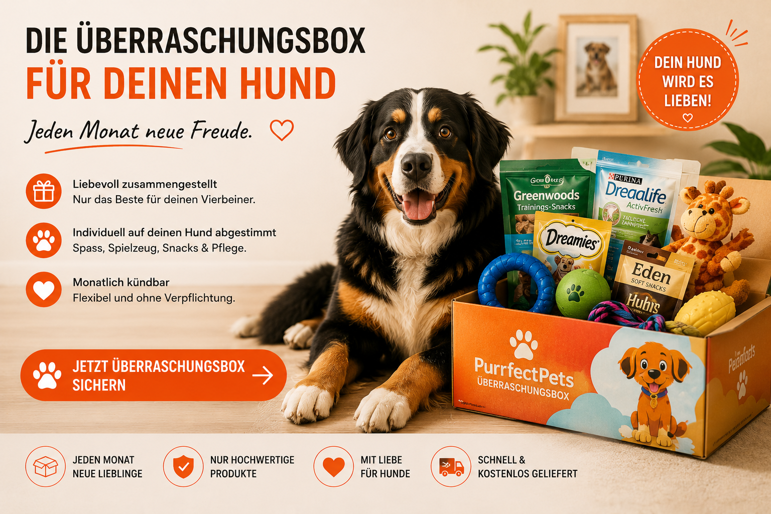 Purrfect Pets Überraschungsbox für Hunde Schweiz – monatliche Box mit Hundesnacks, Spielzeug und Pflegeprodukten
